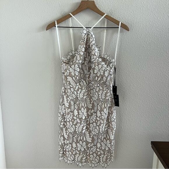 NWT Lulus Delicate Darling Beige and Ivory Lace Bodycon Dress Small - Picture 2 of 13